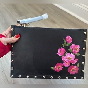 NWT WHBM Black Clutch Bag Black w Hot Pink Flowers